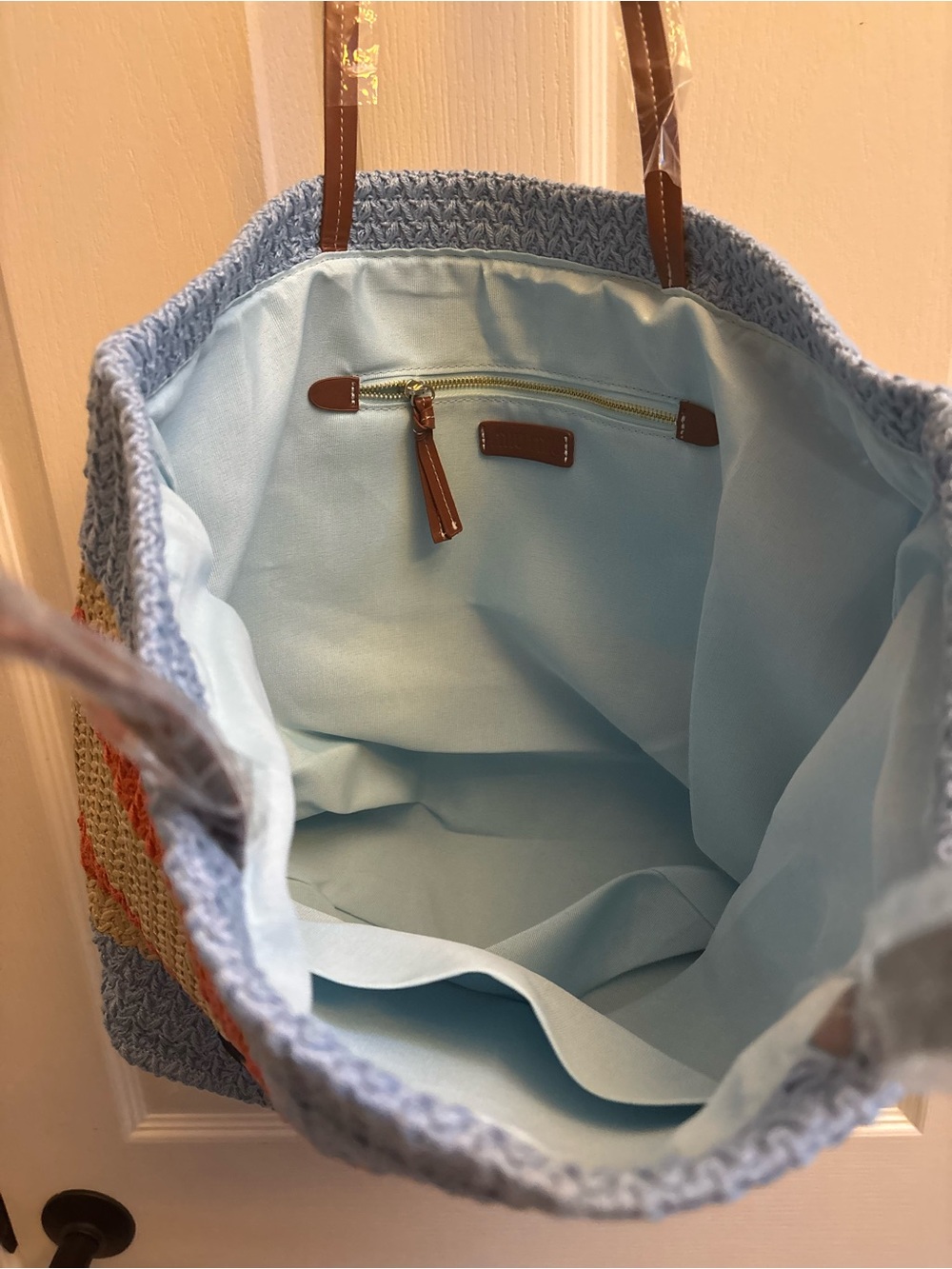 Miu Blue & Cream Striped raffia Straw Tote Bag beach sun nwot - Picture 6 of 7